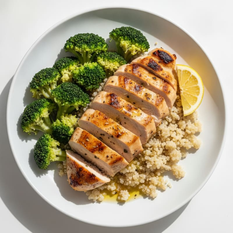 Grilled Chicken Breast with Steamed Broccoli and Quinoa