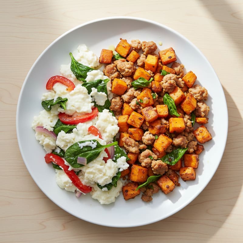 Egg White Veggie Scramble with Turkey Sausage and Sweet Potato Hash