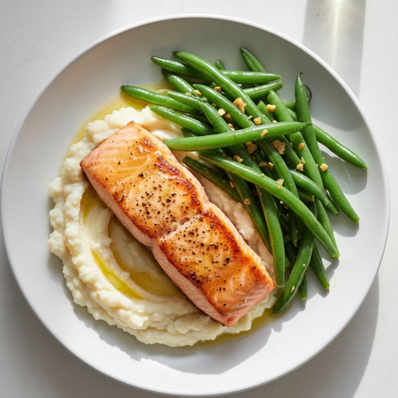 Seared Salmon with Garlic Green Beans and Cauliflower Mash