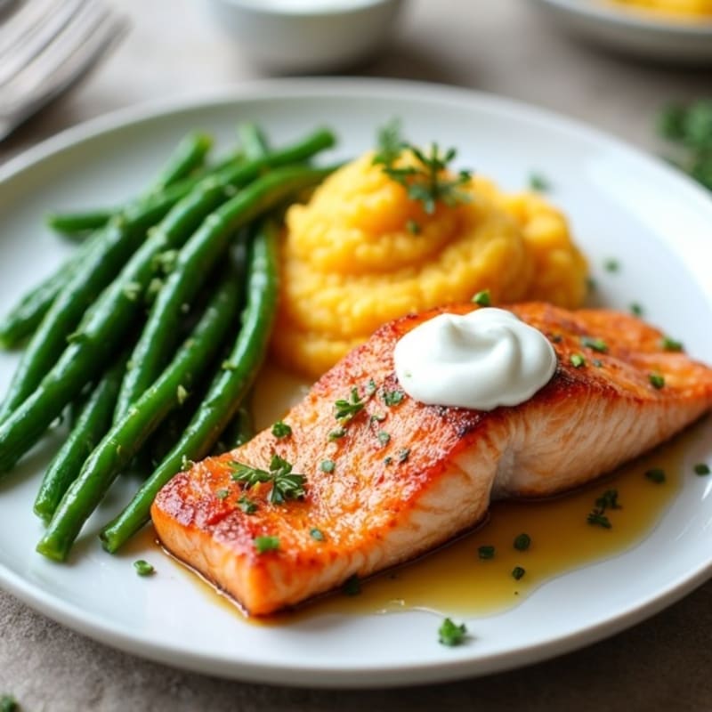 Seared Salmon Fillet with Garlic Green Beans and Mashed Sweet Potato