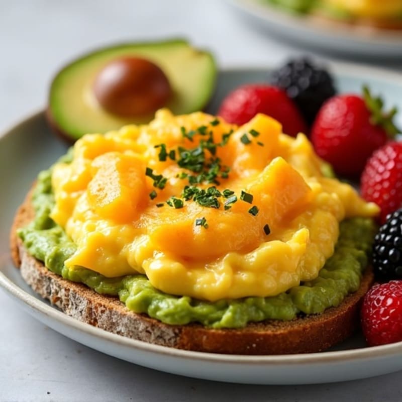 Cheesy Scrambled Eggs with Avocado Toast and Fresh Fruit