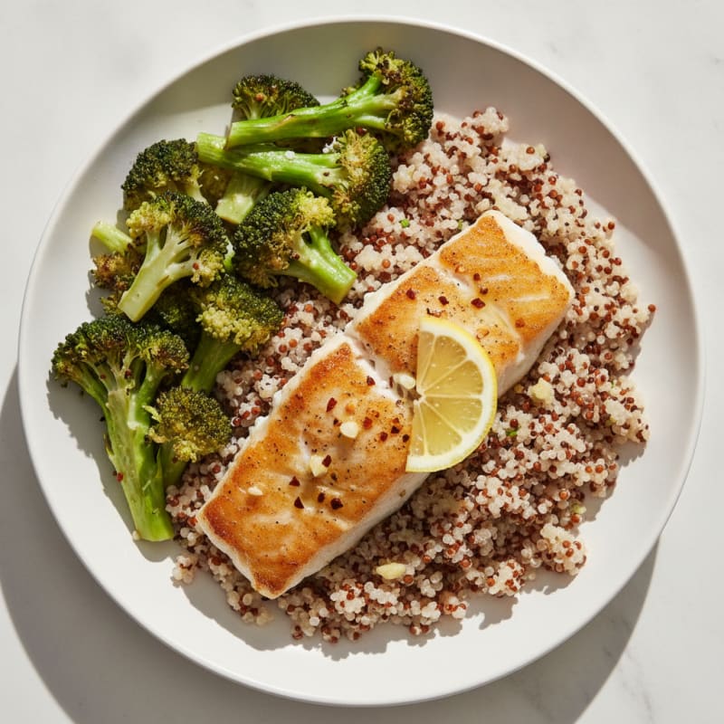 Seared White Fish with Roasted Broccoli and Quinoa