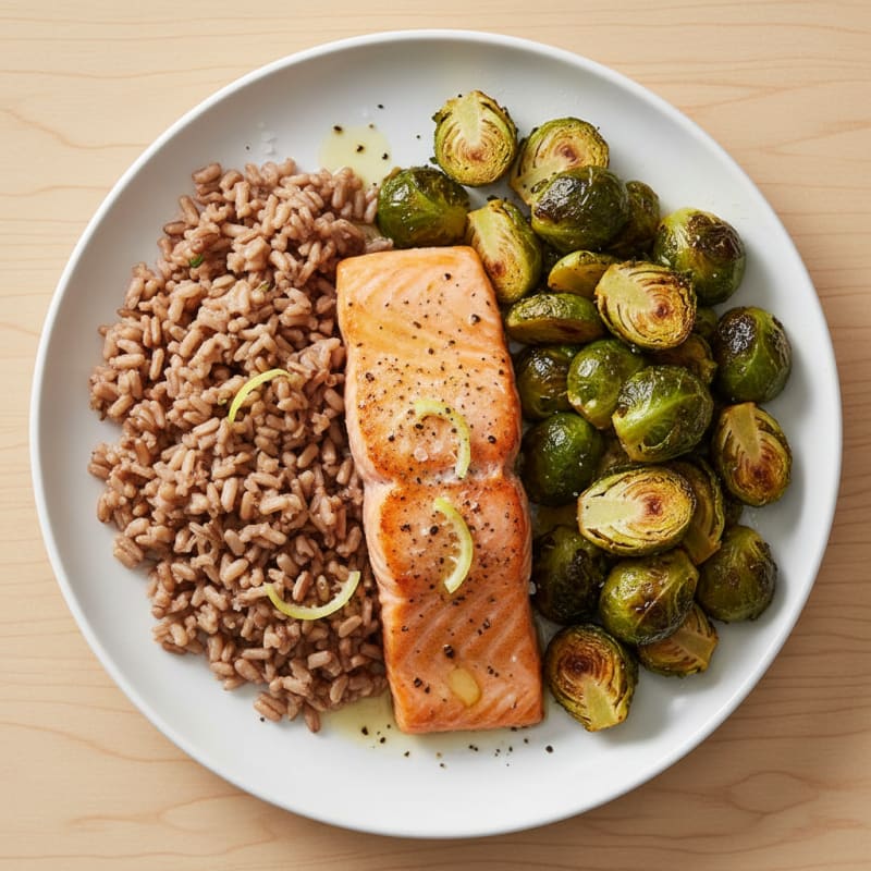 Seared Salmon Fillet with Roasted Brussels Sprouts and Brown Rice