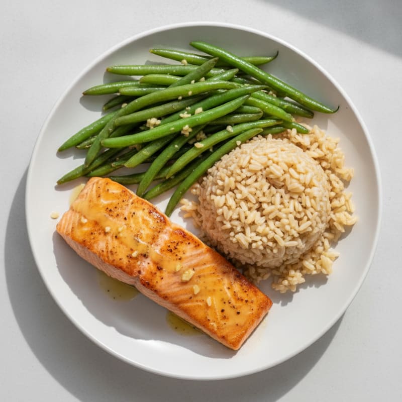 Seared Salmon with Garlic Green Beans and Brown Rice