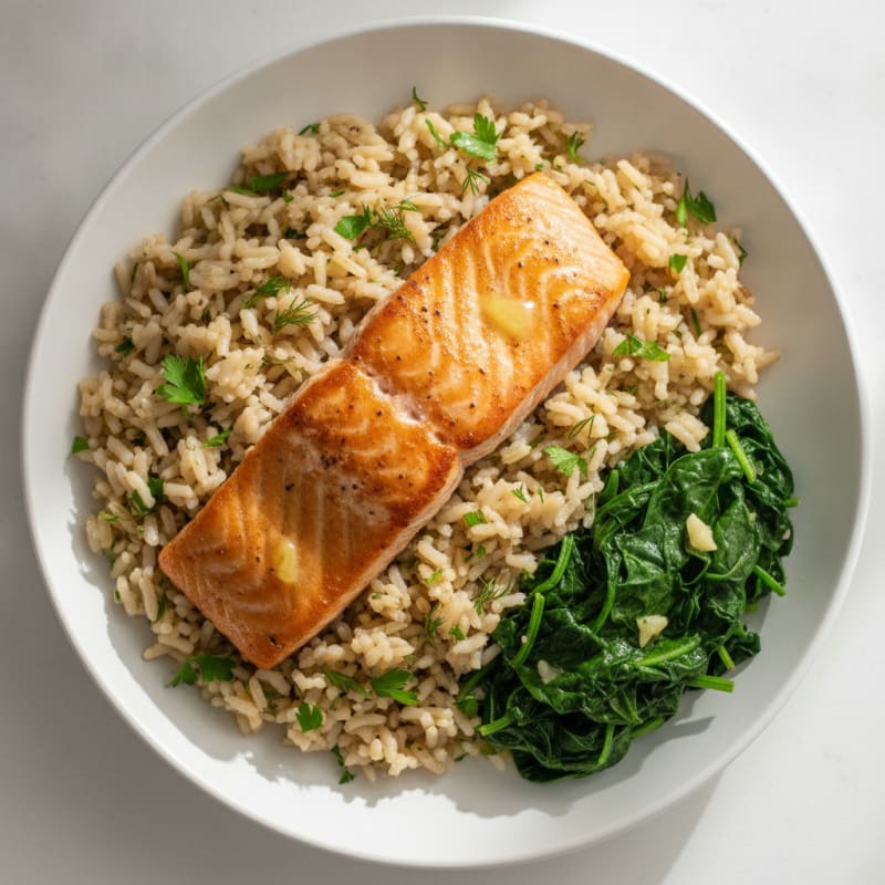 Seared Salmon Filet with Herbed Brown Rice and Sautéed Spinach