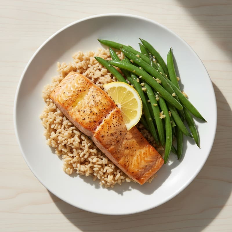 Seared Salmon with Garlic Green Beans and Brown Rice