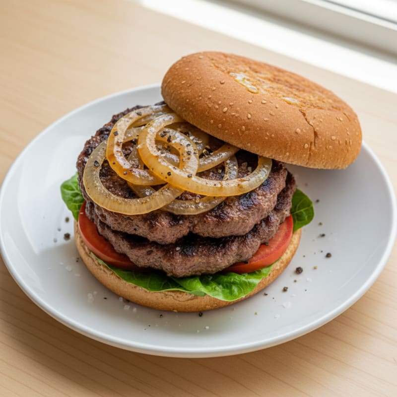 Smoky Grilled Beef Burger with Caramelized Onions