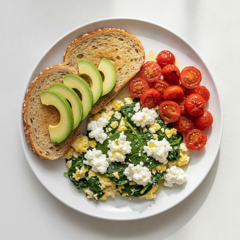 Egg White Spinach Scramble with Cottage Cheese and Cherry Tomatoes