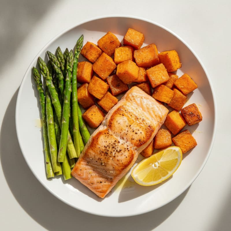 Seared Salmon with Roasted Sweet Potato and Asparagus