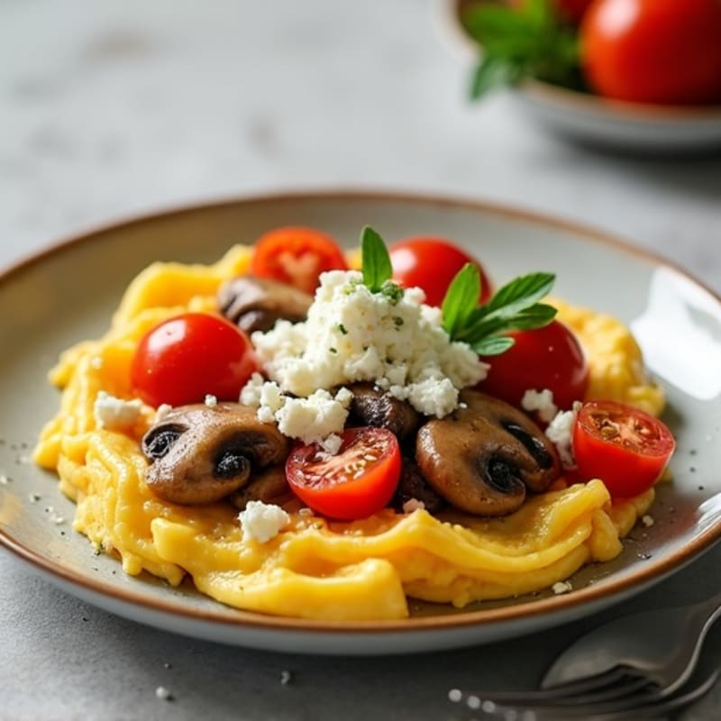 Scrambled Eggs with Sautéed Mushrooms, Tomatoes, and Feta