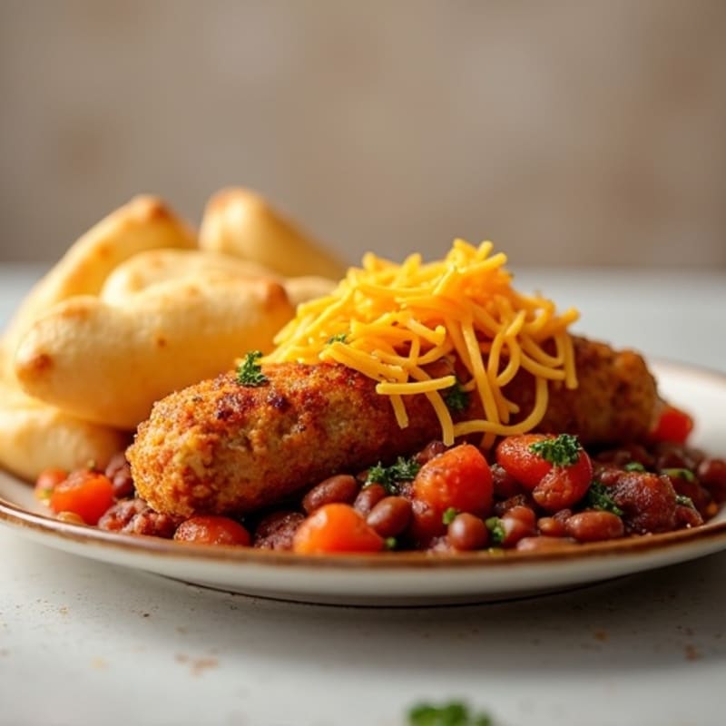 Crispy Chicken Sausage with Lean Beef Chili and Sharp Cheddar