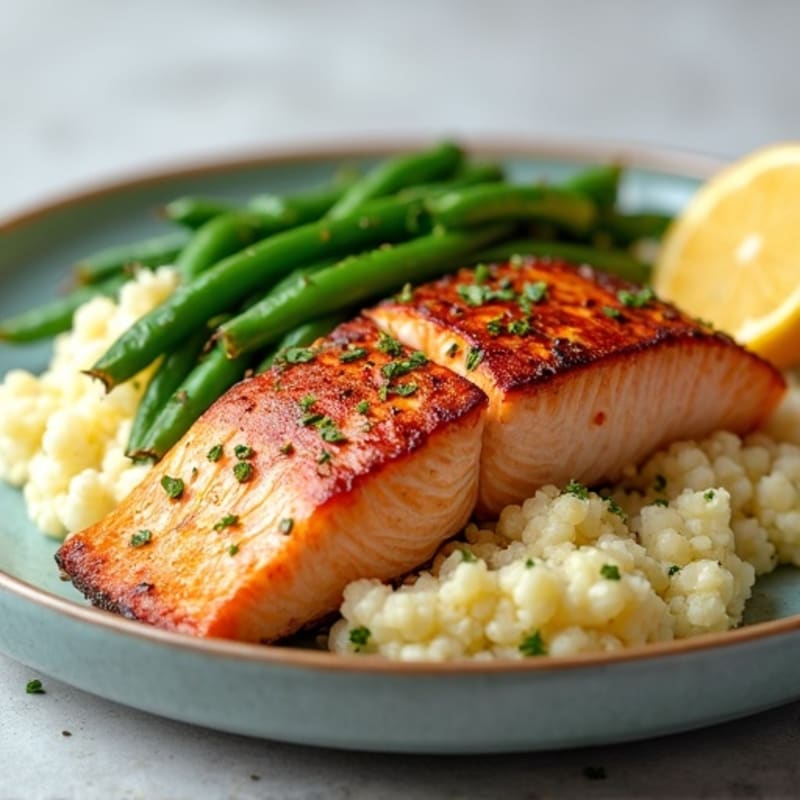 Seared Salmon with Steamed Green Beans and Cauliflower Mash