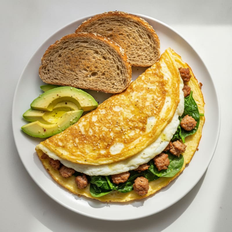 Crispy Egg White Omelet with Turkey Sausage and Spinach