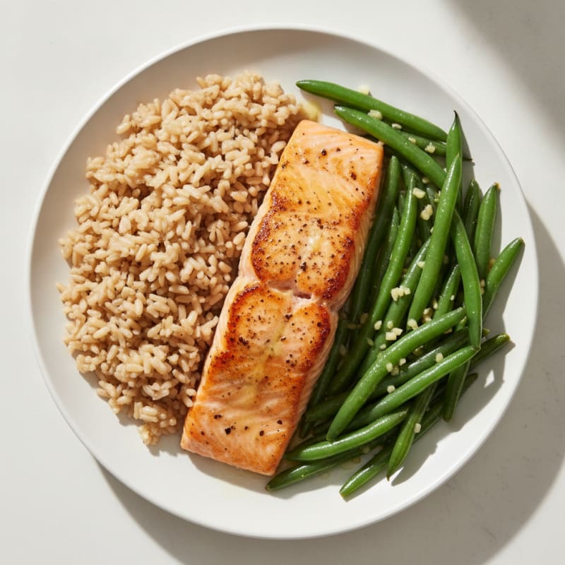 Seared Salmon with Garlic Green Beans and Brown Rice