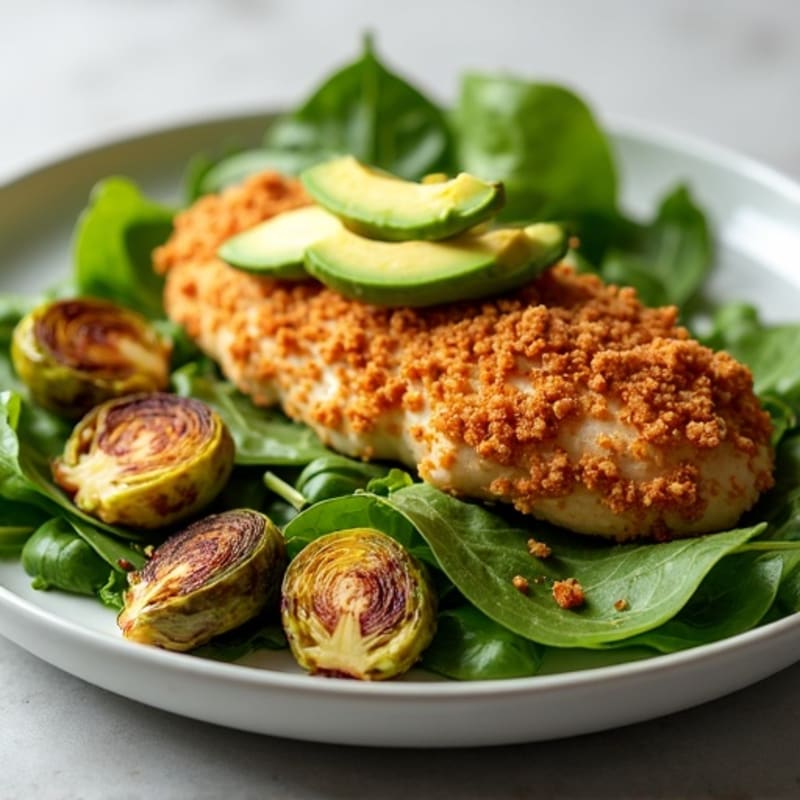 Crispy Baked Chicken with Fresh Greens Avocado and Roasted Brussels