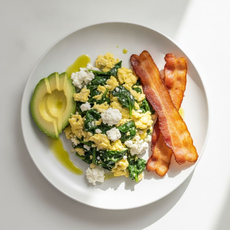 Cottage Cheese Egg Scramble with Spinach and Turkey Bacon