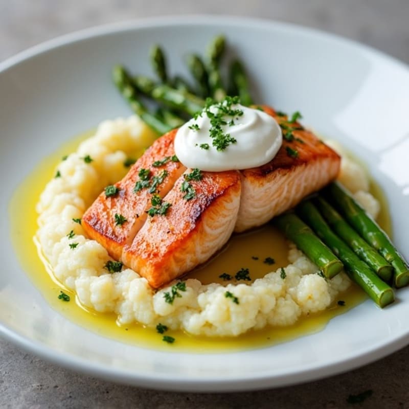 Seared Salmon with Steamed Asparagus and Garlic Cauliflower Mash