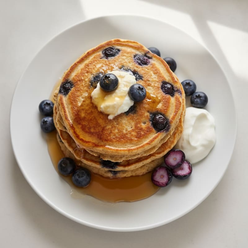 Blueberry Ricotta Pancakes with Maple Syrup