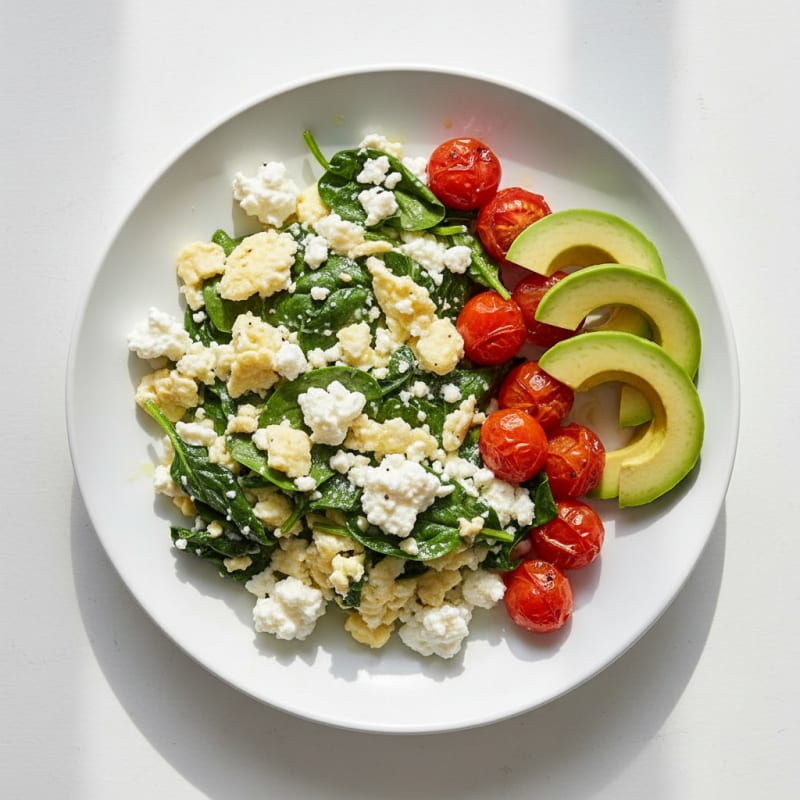 Egg White and Spinach Scramble with Cottage Cheese and Cherry Tomatoes