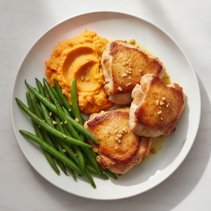 Seared Chicken Thighs with Steamed Green Beans and Sweet Potato Mash