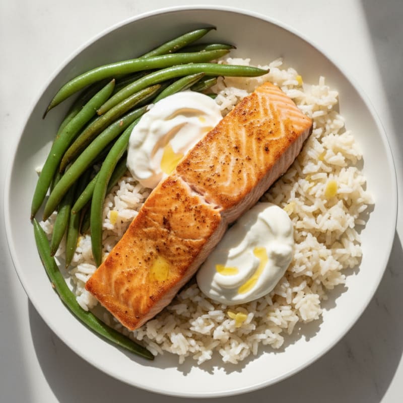 Pan-Seared Salmon with Roasted Green Beans and Garlic Rice