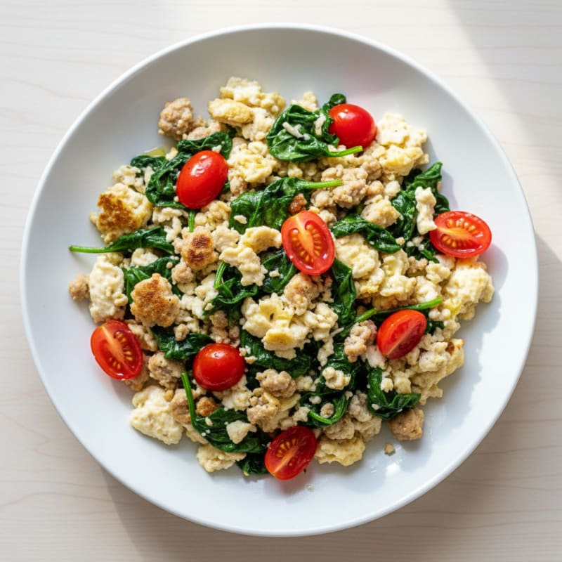 Egg White and Turkey Sausage Scramble with Sautéed Spinach