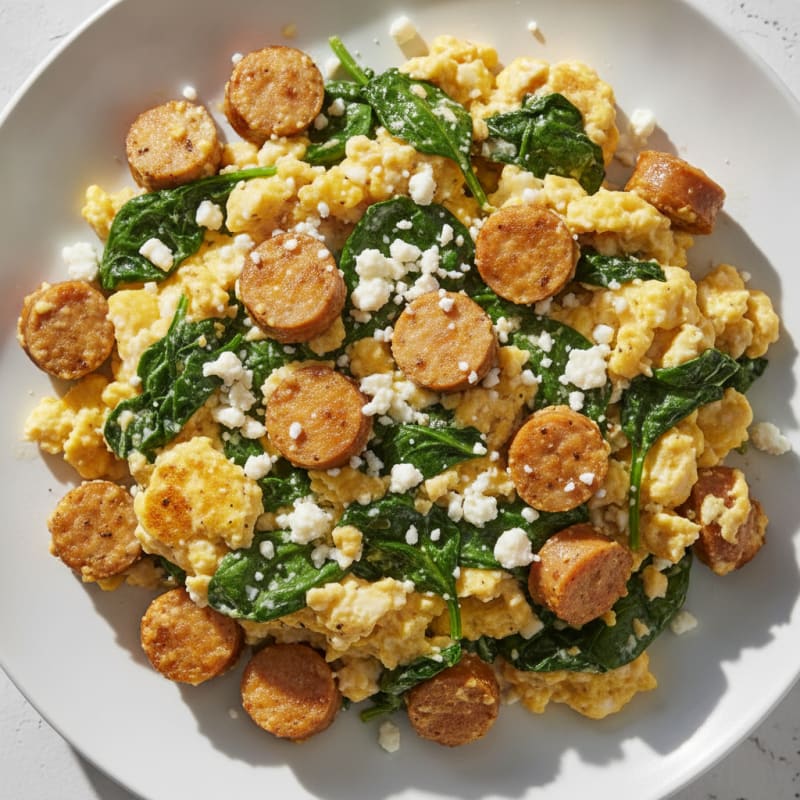 Scrambled Eggs with Chicken Sausage and Spinach