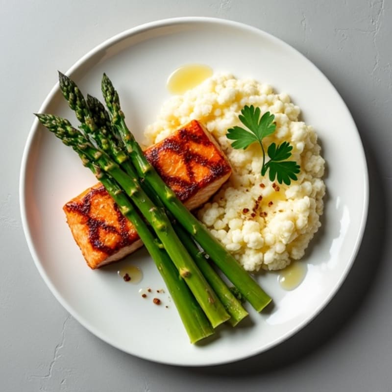 Seared Salmon Fillet with Roasted Asparagus and Cauliflower Mash