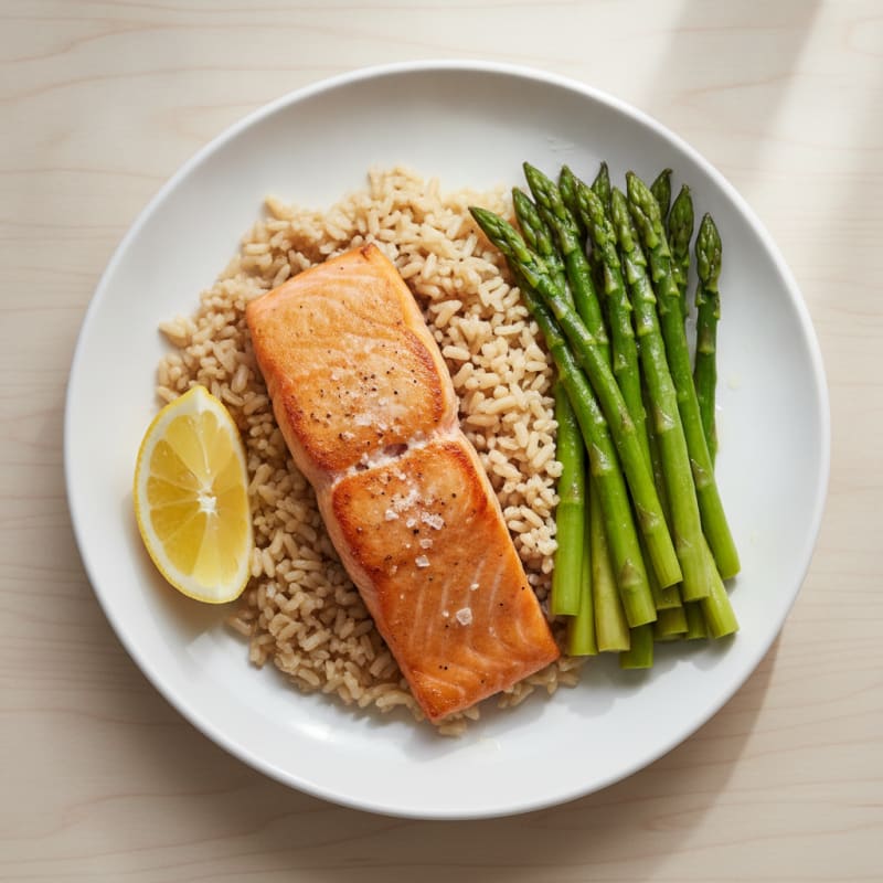 Seared Salmon Fillet with Steamed Asparagus and Brown Rice