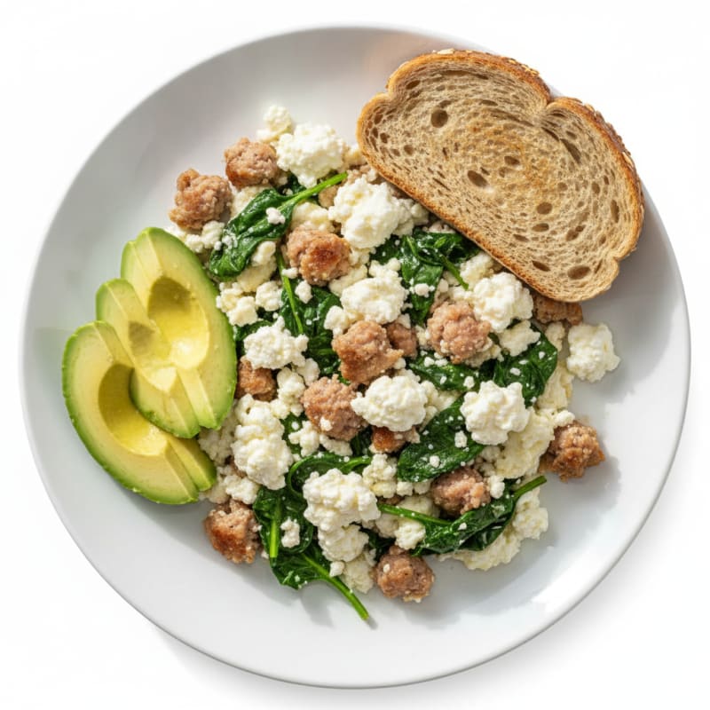 Egg White and Turkey Sausage Scramble with Cottage Cheese and Spinach