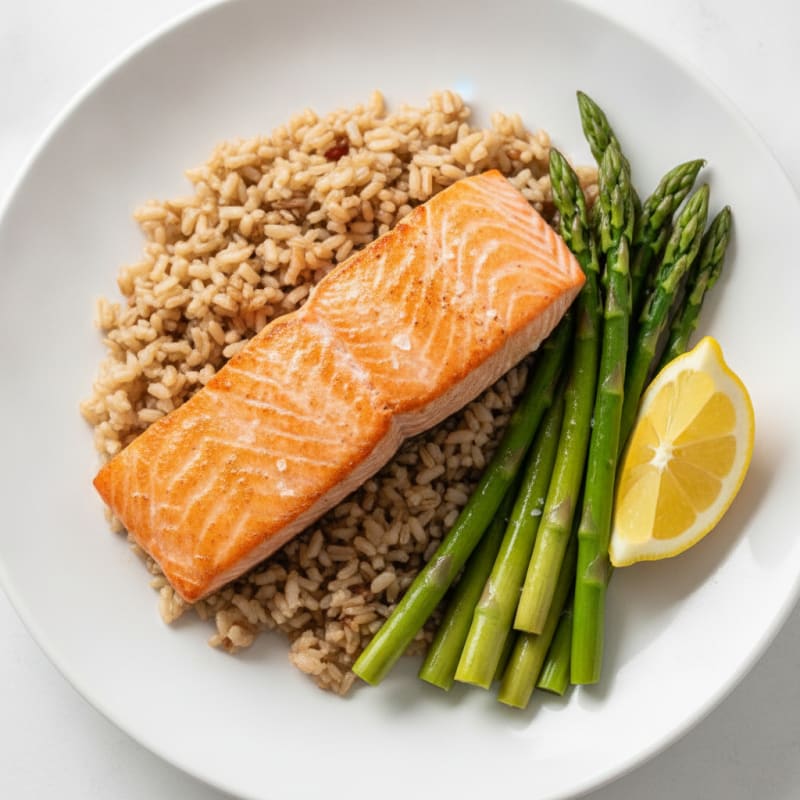 Seared Salmon with Steamed Asparagus and Brown Rice