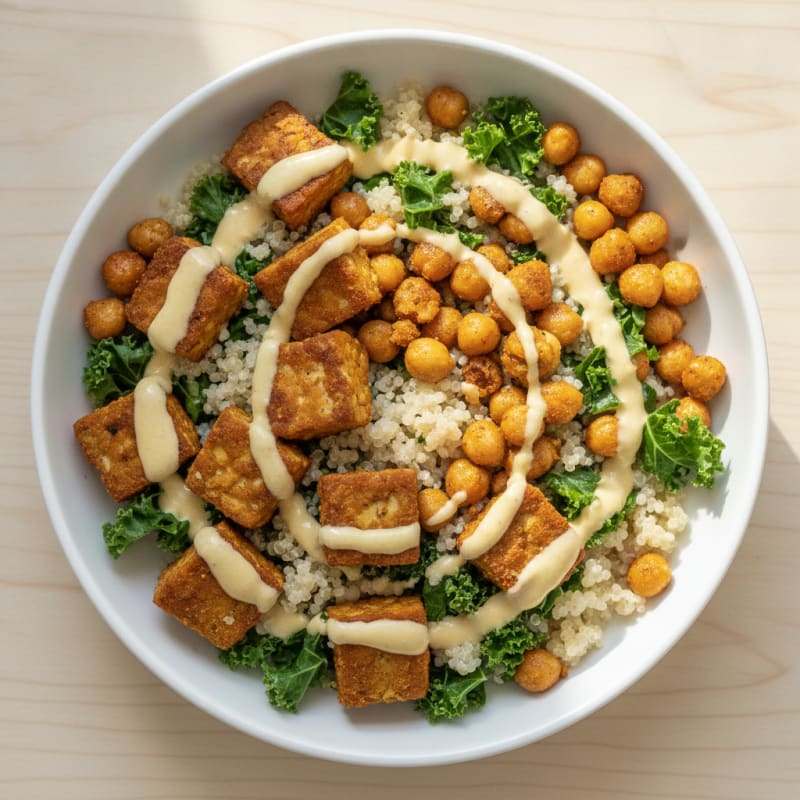 Crunchy Tempeh and Quinoa Power Bowl with Roasted Chickpeas
