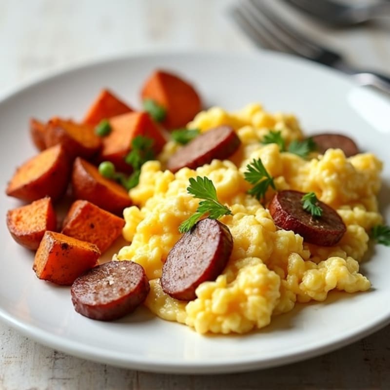 Egg White and Turkey Sausage Scramble with Roasted Sweet Potatoes