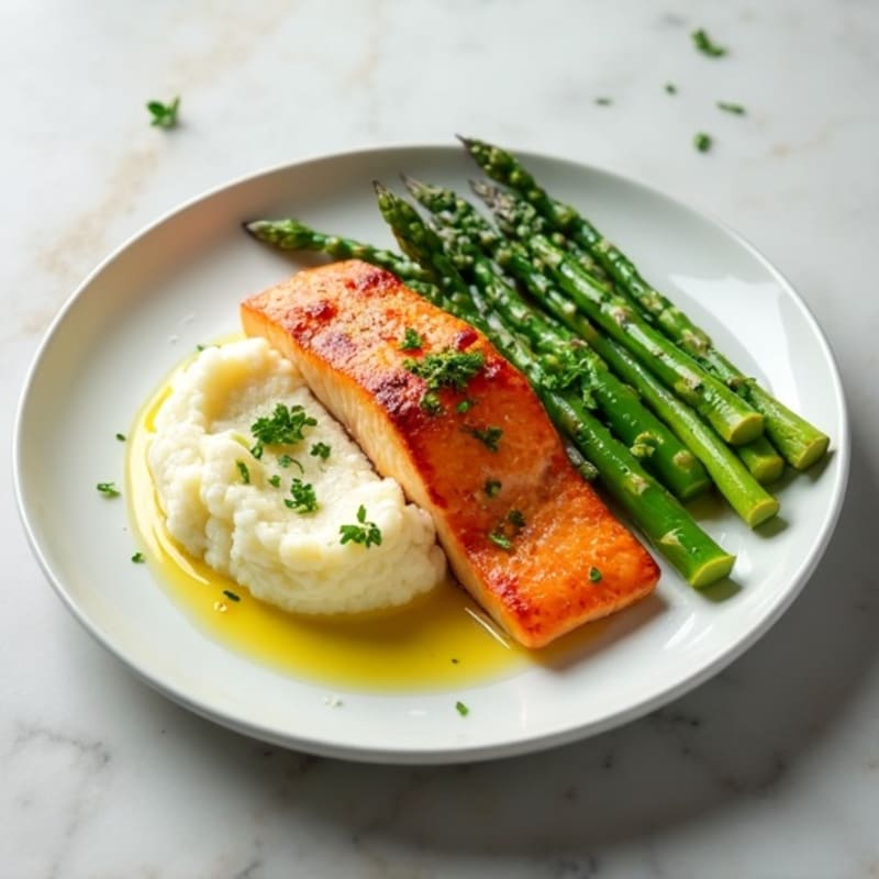 Seared Salmon with Steamed Asparagus and Cauliflower Mash