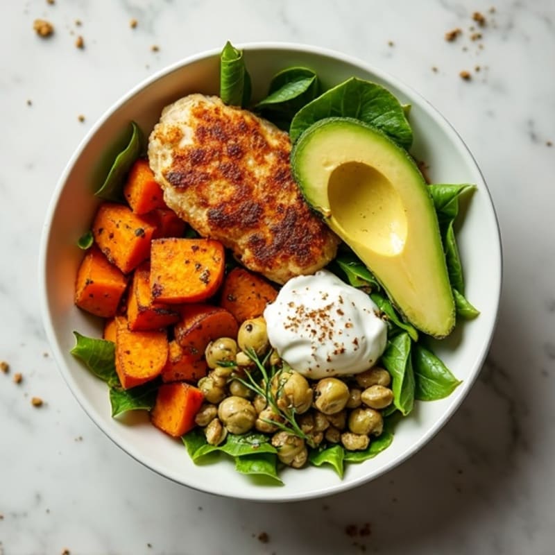 Crispy Chicken and Roasted Sweet Potato Bowl with Creamy Avocado Dressing
