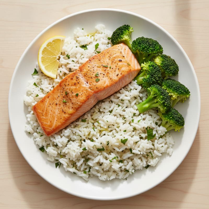 Pan-Seared Salmon with Herb Rice and Steamed Vegetables