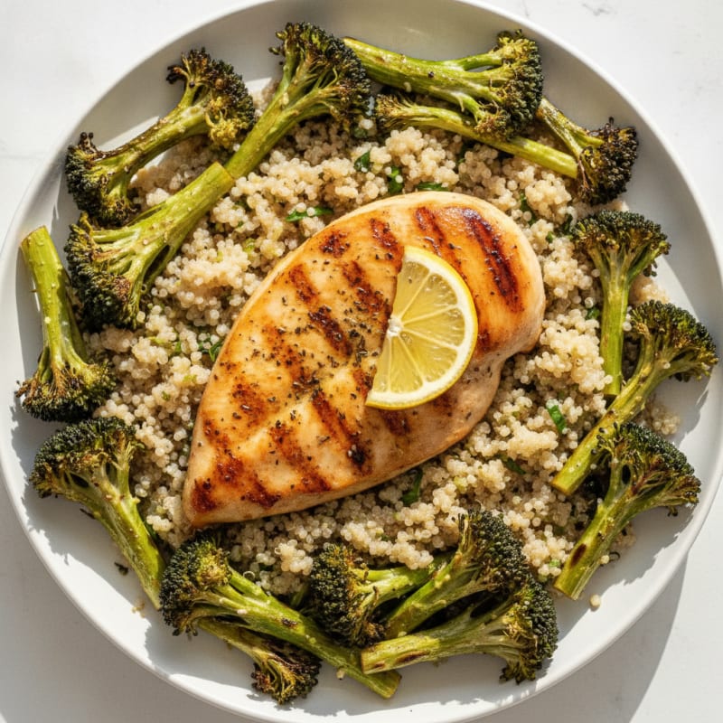 Grilled Chicken Breast with Roasted Broccoli and Quinoa