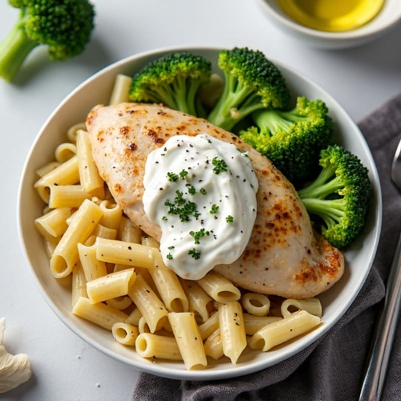 Creamy Garlic Chicken Pasta with Roasted Broccoli