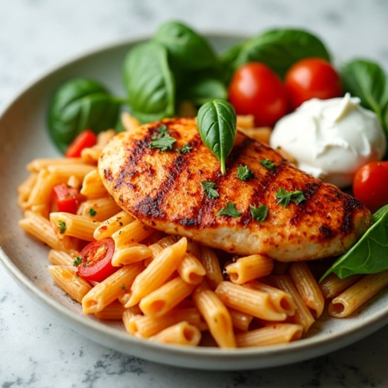 Spicy Pan-Seared Chicken with Creamy Tomato Pasta and Fresh Greens