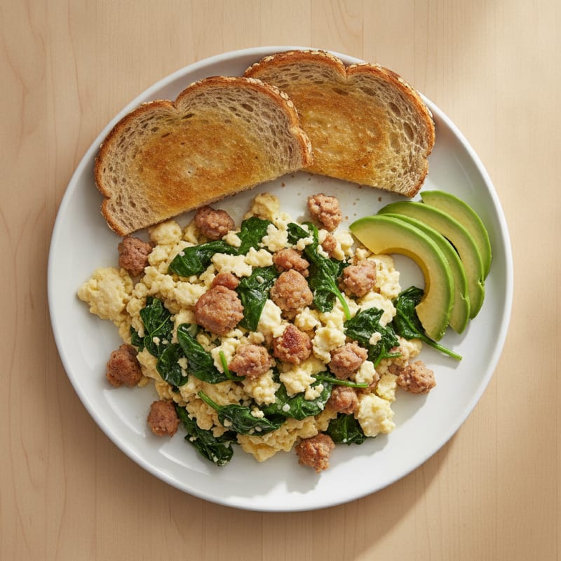 Egg White Scramble with Turkey Sausage and Sautéed Spinach