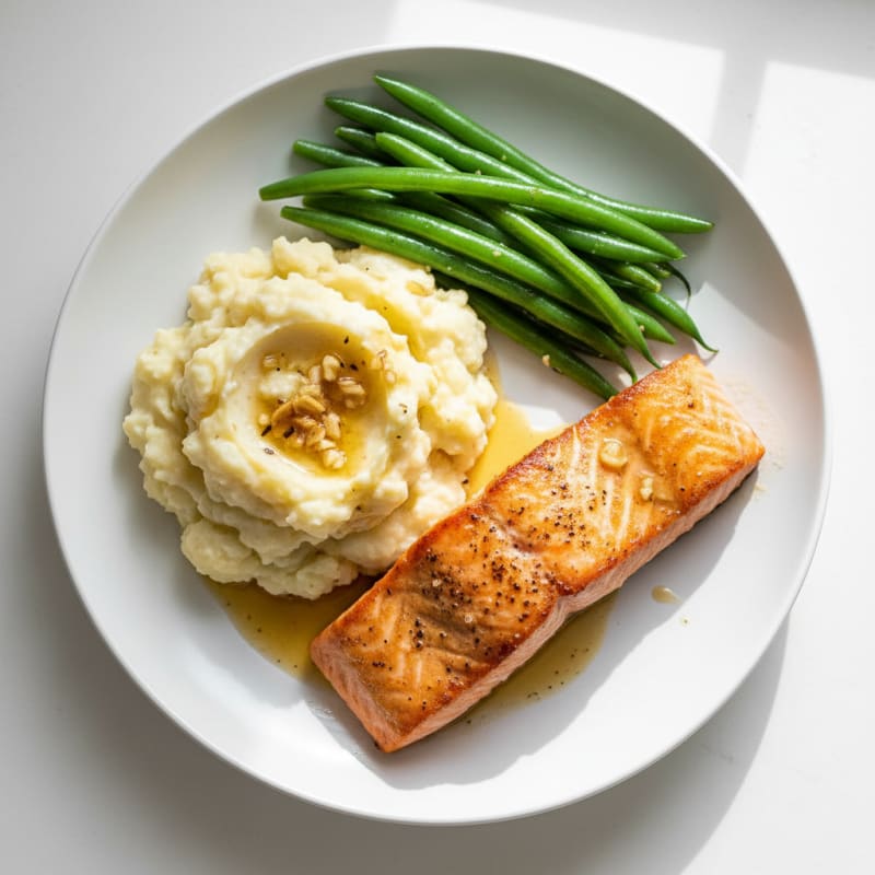 Seared Salmon with Steamed Green Beans and Garlic Mashed Cauliflower