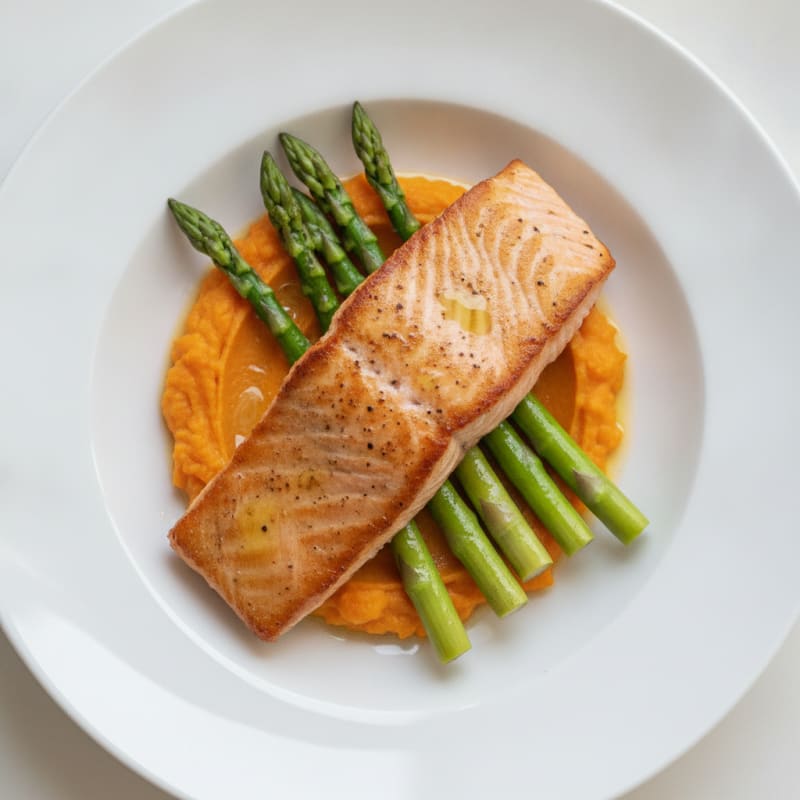 Seared Salmon with Steamed Asparagus and Sweet Potato Mash
