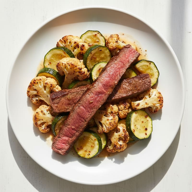 Seared Lean Beef Strips with Roasted Cauliflower and Zucchini