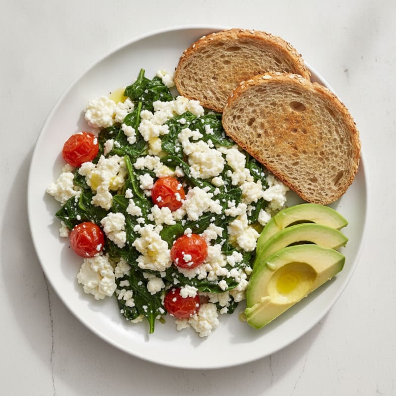 Egg White and Cottage Cheese Scramble with Sautéed Spinach and Tomatoes