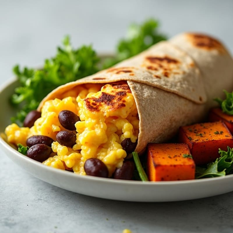 Savory Scrambled Egg and Black Bean Burrito with Roasted Sweet Potatoes and Fresh Greens