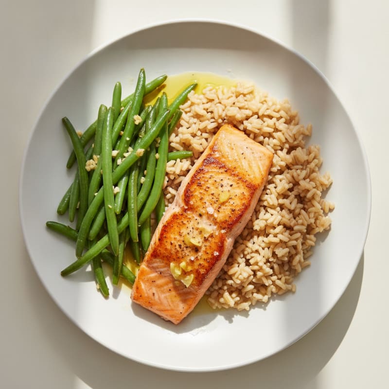 Seared Salmon with Garlic Green Beans and Brown Rice