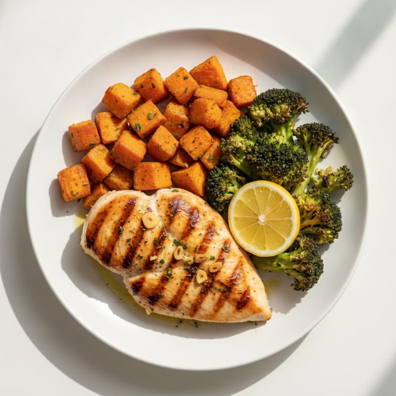 Grilled Chicken Breast with Roasted Sweet Potatoes and Broccoli