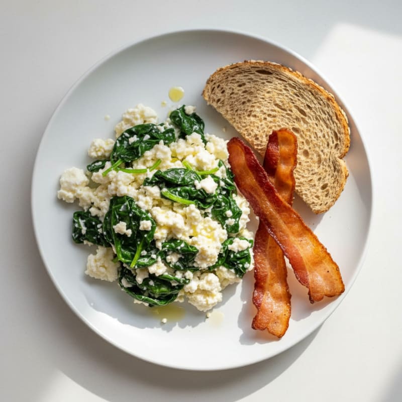 Egg White and Cottage Cheese Scramble with Spinach and Turkey Bacon