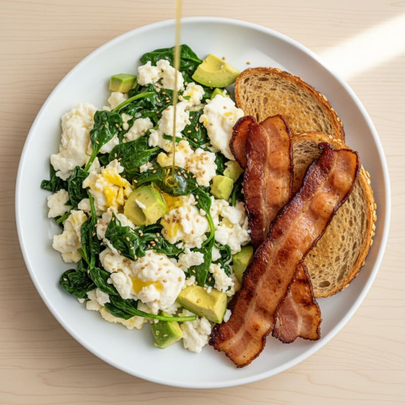 Egg White Scramble with Spinach and Grilled Turkey Bacon