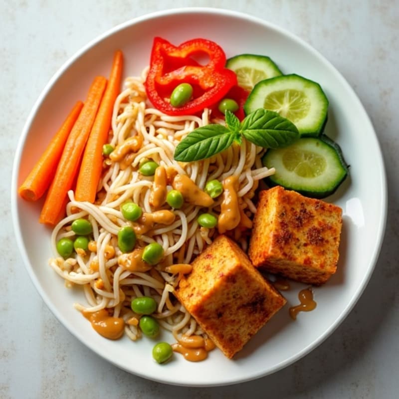 Crispy Tofu with Creamy Thai Peanut Noodles and Fresh Vegetables